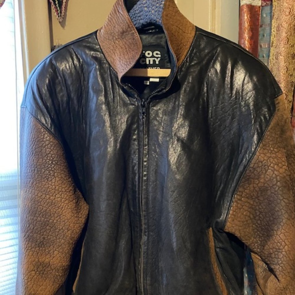 Vintage 80's Fog City Leather Two Tone Black/Brown Bomber Jacket  -Large